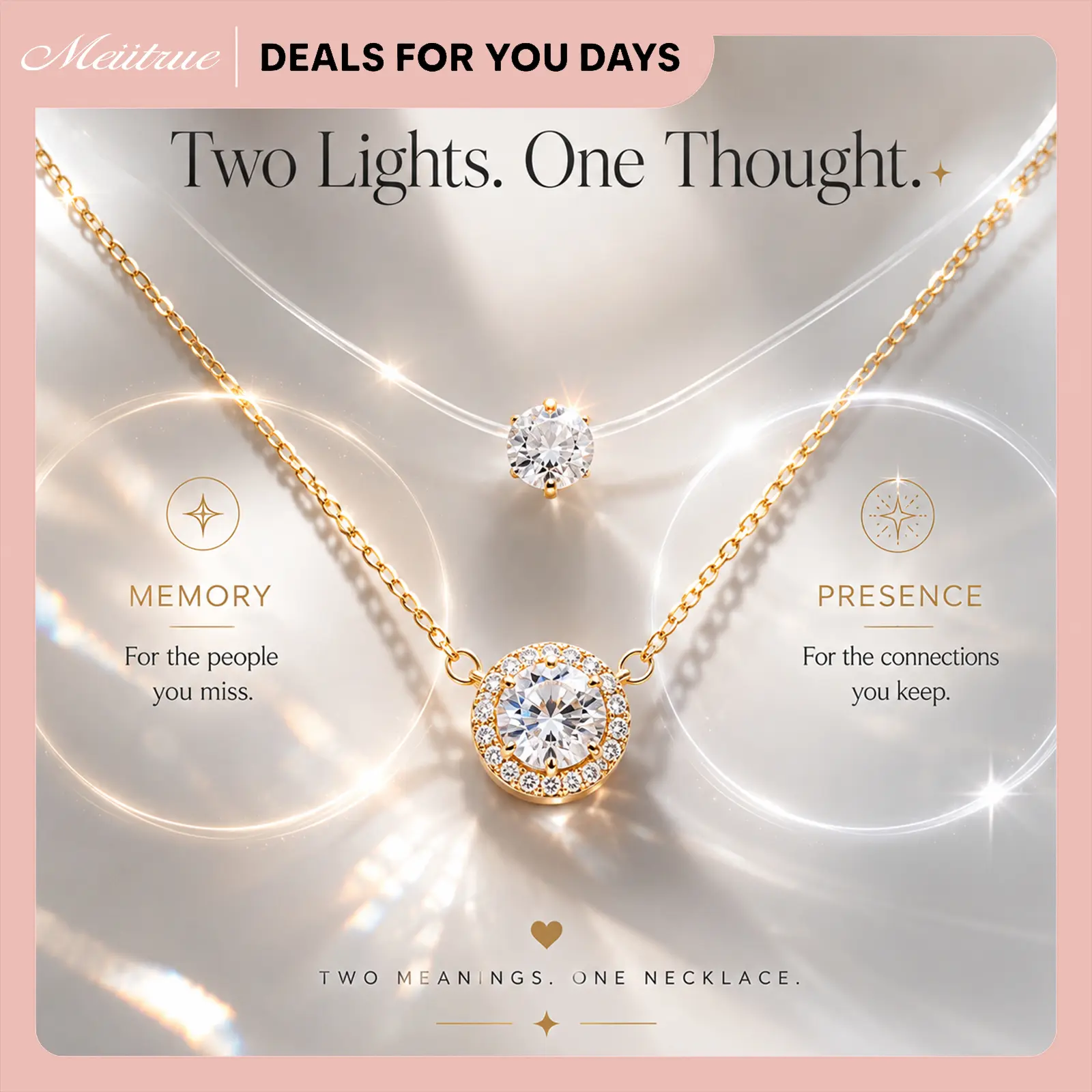 MEIITRUE Moonlight Distance Layered Necklace Set Floating Zirconia + Halo 14K Gold Plated Pendant Gift for Her Best Friend Gift