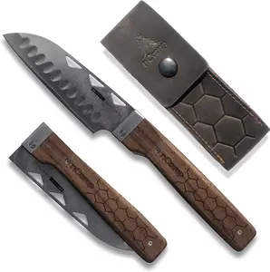 nCamp Elite Santoku Folding Knife – Viral Japanese Utility Knife for Outdoor Cooking! Razor-Sharp 10Cr15MoV Damascus Steel, Tough Walnut Handle, Perfect for Camping, Hiking & Foodie Adventures