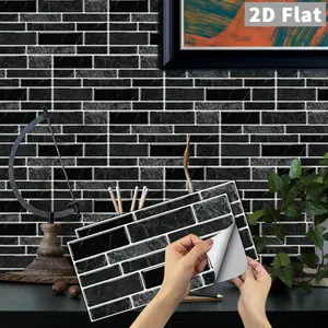 6/12/24/48PCS/Box FG Retro Black Marble Subway Peel and Stick Tile, PVC Crystal Film Waterproof Oil-Proof Removable Wall Sticker for Kitchen Bathroom Floor