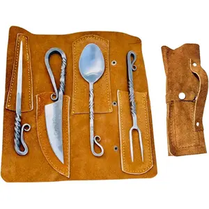 Hand Forged Viking Cutlery Set Knife Knives Black Silverware Set With Leather Cover- Medieval 4 Pcs Kitchen Utensils Set, Viking Cutlery Set Knife Spoons And Forks Set- Dinnerware Sets