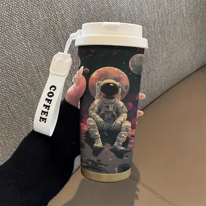 Astronaut Space-Themed Insulated Coffee Mug with Lid - 18oz, made of stainless steel, double-walled vacuum insulation design, suitable for both hot and cold beverages, ideal for office use and as a gift for coffee lovers, with cartoon pattern design |   W