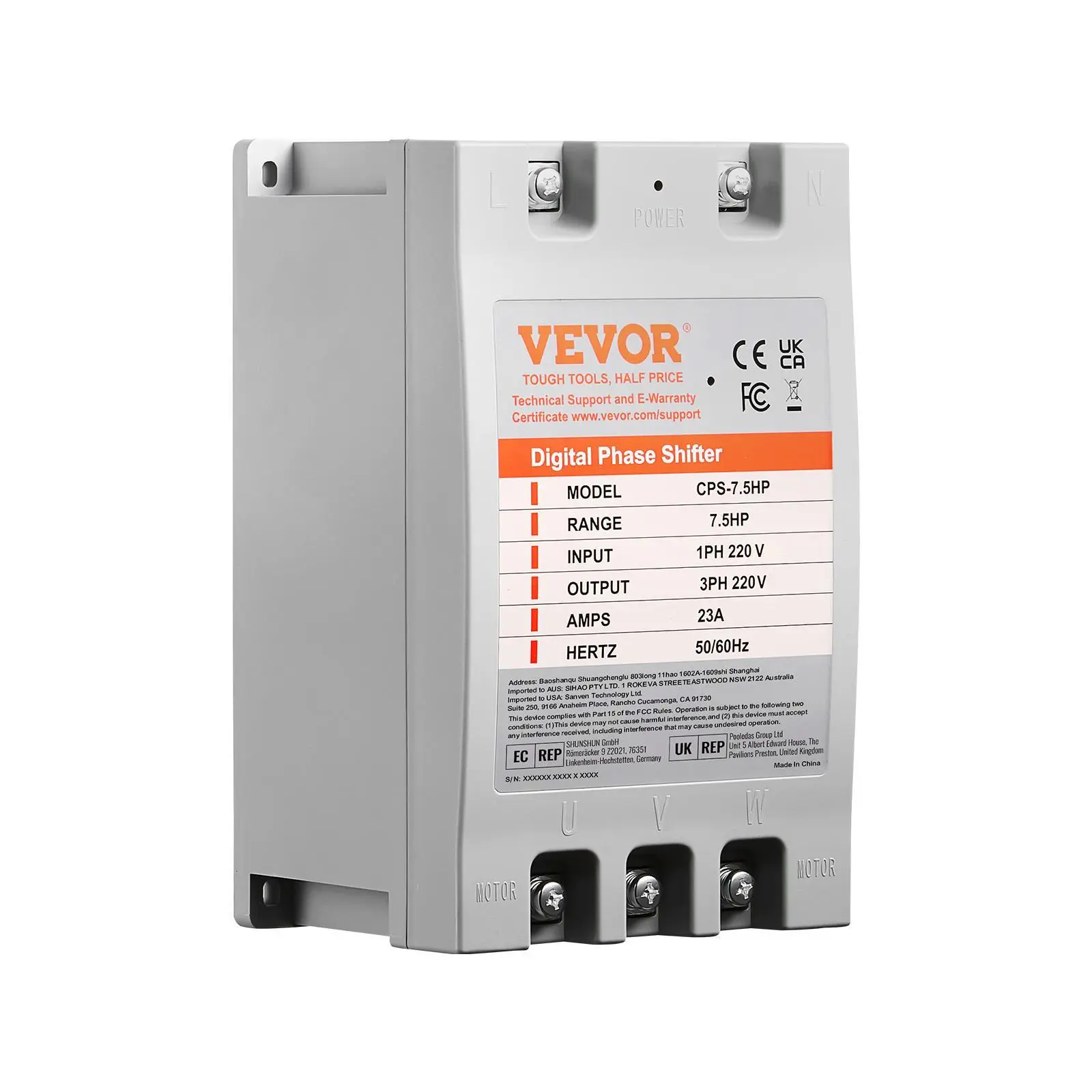 【toolupgrade】VEVOR Compact 1ph220v to 3-Phase Converter - 7.5HP 23A Low HF Interference Digital Phase Shifter, Runs 220v 3phase, for Residential/Commercial Use (1 DPS per Motor Only)