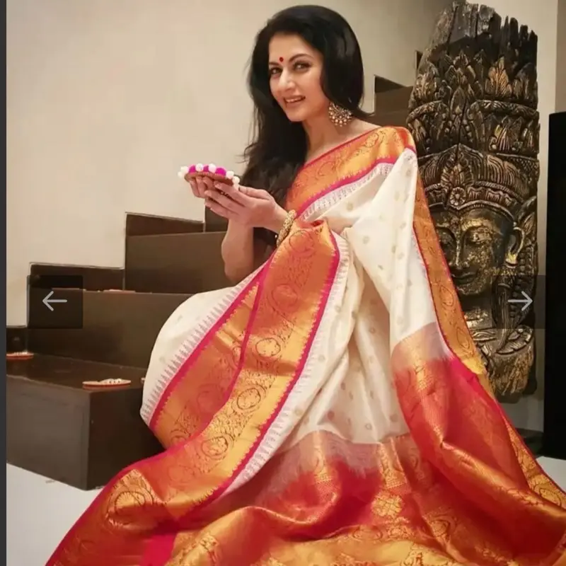 Women's Silk Saree Set in Red & White, Chic Traditional Ethnic Attire for Parties with Matching Blouse, Clothes, Style, Piece, Lady, Elegance, Party, Vibrant, Silk Fabric, Chic Party Look, Festive Occasions