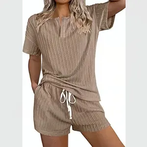 Summer women's ribbed knitted pajama set, short-sleeved pajama 2-piece set, home wear