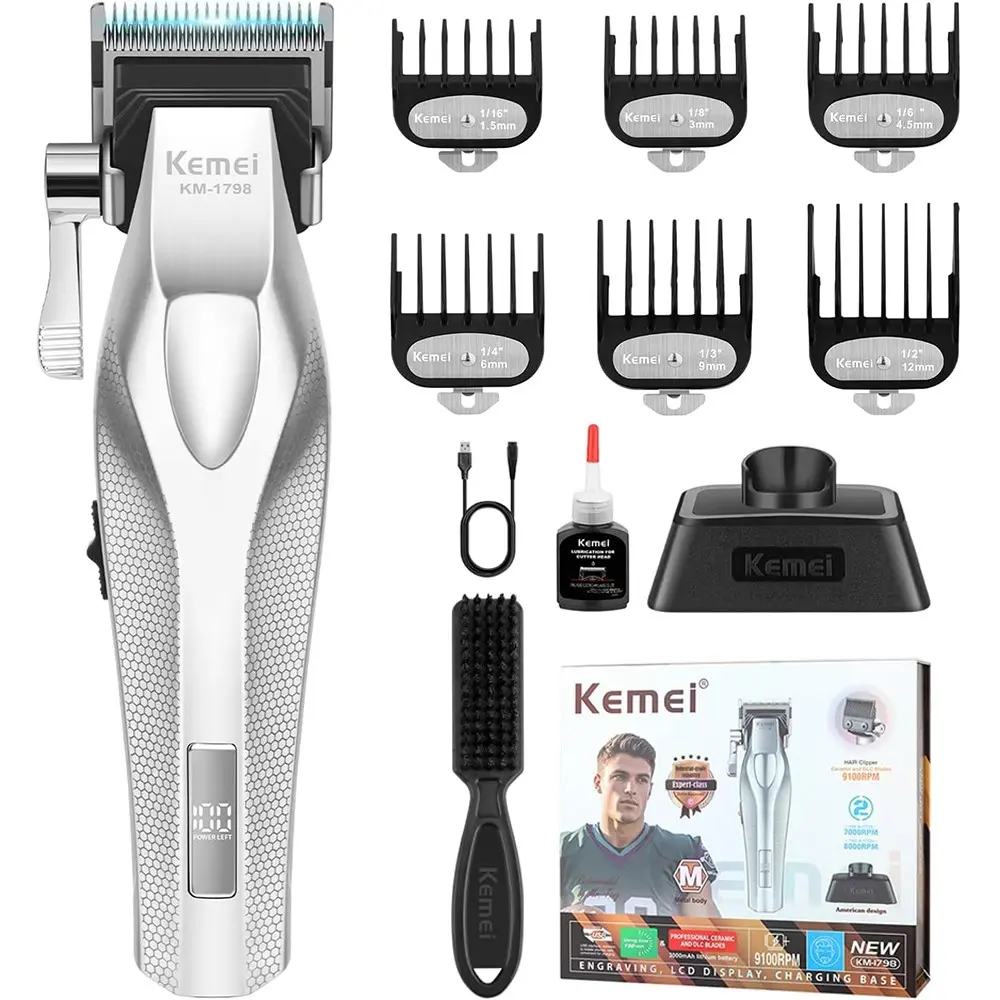 Kemei Professional Hair Clippers, Cordless Clippers for Men, Rechargeable Barber Clippers, Cordless Hair Cutting, 9100 Rpm, Full Metal Body, Ceramic and Dlc Blades, Km-1798