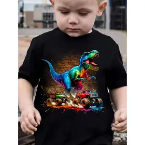 [Boys Cotton T-shirt] Cotton Boys T-shirt| Dinosaur Print Round Neck Short Sleeves For Comfortable And Casual