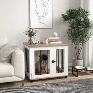 PawHut Dog Crate Furniture, Side Table Indoor Dog Kennel, End Table with Lockable Door for Small and Medium Dogs, Walnut Brown