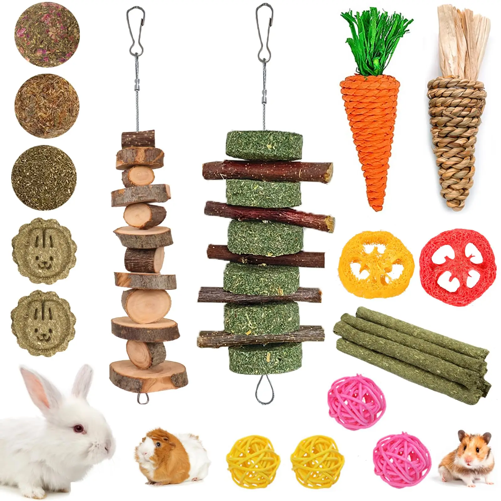 20 PCS Natural Bunny Chew Toys – Apple Wood and Timothy Grass Sticks for Rabbits, Guinea Pigs, Hamsters, and Chinchillas