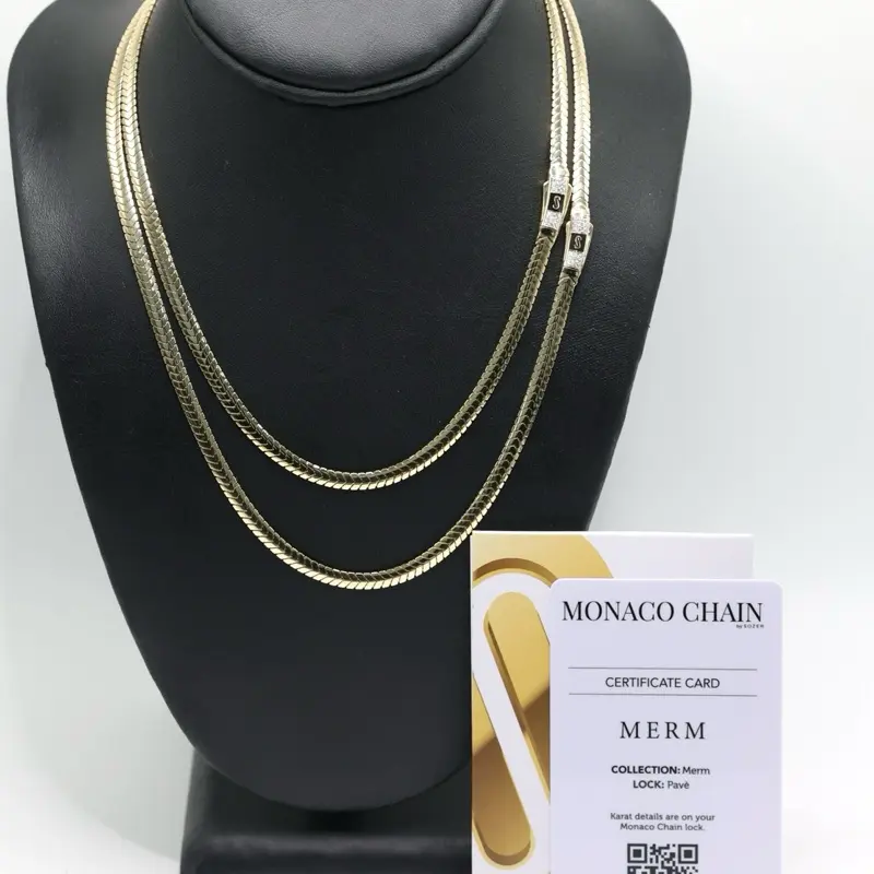 14KT Gold Monaco Chain Merm Necklace Certified - 4mm Pave Lock