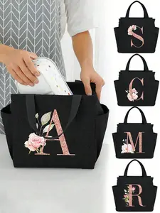 Letter Print Insulated Reusable Durable Lunch Bag, Handbag, Floral Pattern, Suitable for Office and Students, Valentine's Day Gift, Birthday Present