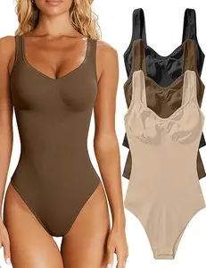 Womens V Neck Ribbed Knit Bodycon Bodysuit Top Sleeveless Basic Solid Color Slim-Fit Thong Jumpsuit Romper