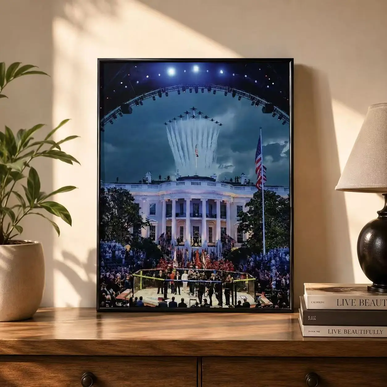 Viral Trending White House Flyover MMA Fight Night Vertical Matte Unframed Art Print - Freedom 250, 4th of July USA Flag Patriotic Americana Artistic Unique Artwork Wall Decoration, Man Cave Gym Accent, Ready-to-Hang Home Supplies Artwork for Walls