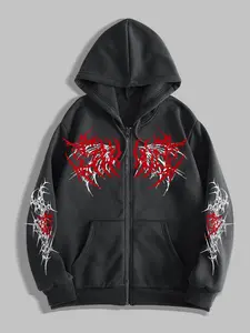 Gothic Dark Wing Original Print Long Sleeve Zip Hoodie, Gothic Print Sweatshirt, Fashion Streetwear for Casual Occasions, Perfect School Choice, Fitted Style