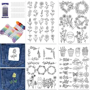 Cactus Water-Soluble Stabilizer Hand Embroidery Floral Embroidery Design, DIY Creative Sewing Kit, Flower Mushroom Washable Non-Woven Fabric, Jeans Bags T-Shirts