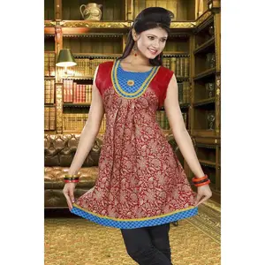 Tunic for Women Floral Design Round Neck Patch with Button Sleeveless Kurti Kurta Tunic Top.
