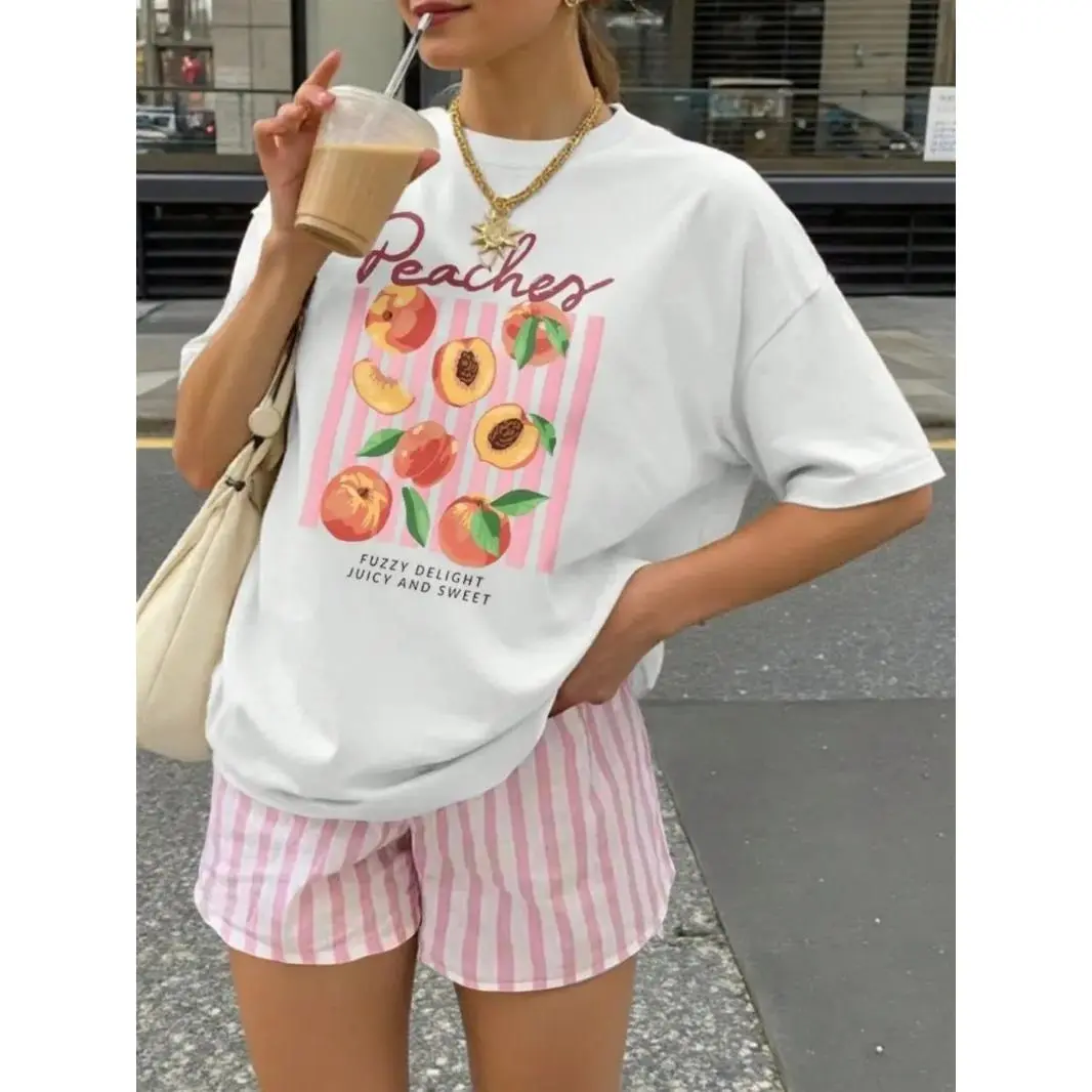 Lady's Oversized Peaches Graphic Round Neck Tshirt - Women's Cute Fruit Print Short Sleeve Soft Comfy Summer Casual Streetwear Top For Vacation, Beach
