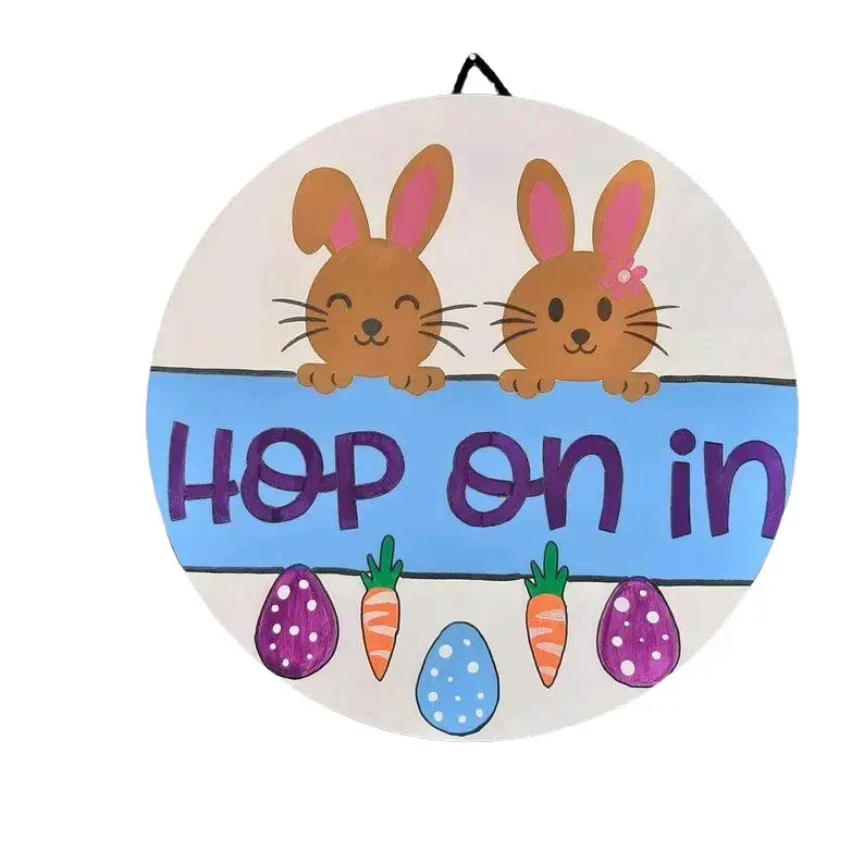 Hop On In Easter Door Hanger with Bunny Illustrations and Colorful Design Elements