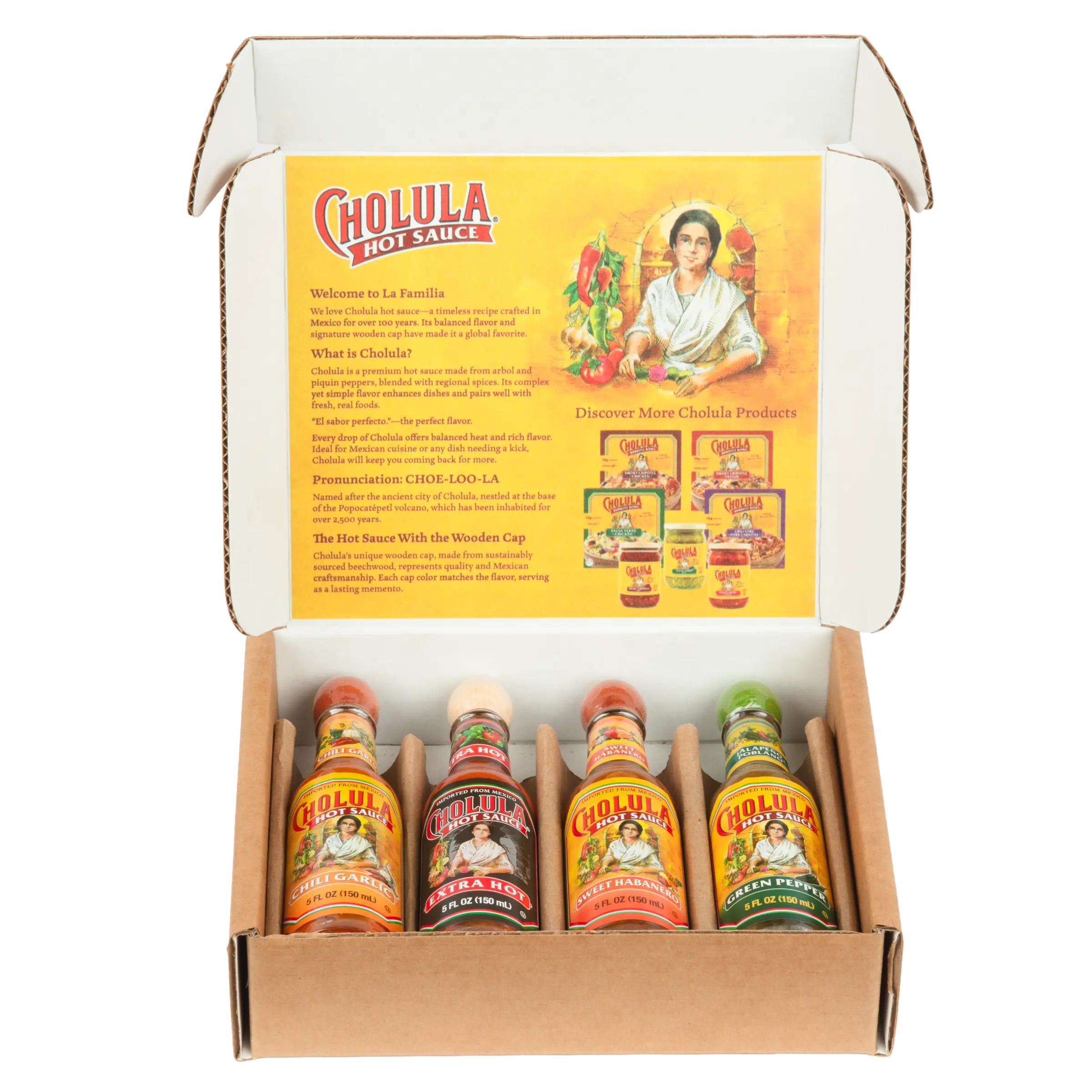 Cholula Hot Sauce Variety Pack, 4ct (Green Pepper, Extra Hot, Chili Garlic & Sweet Habanero) Cholula Hot Sauce Variety Pack, 4ct (Green Pepper, Extra Hot, Chili Garlic & Sweet Habanero)