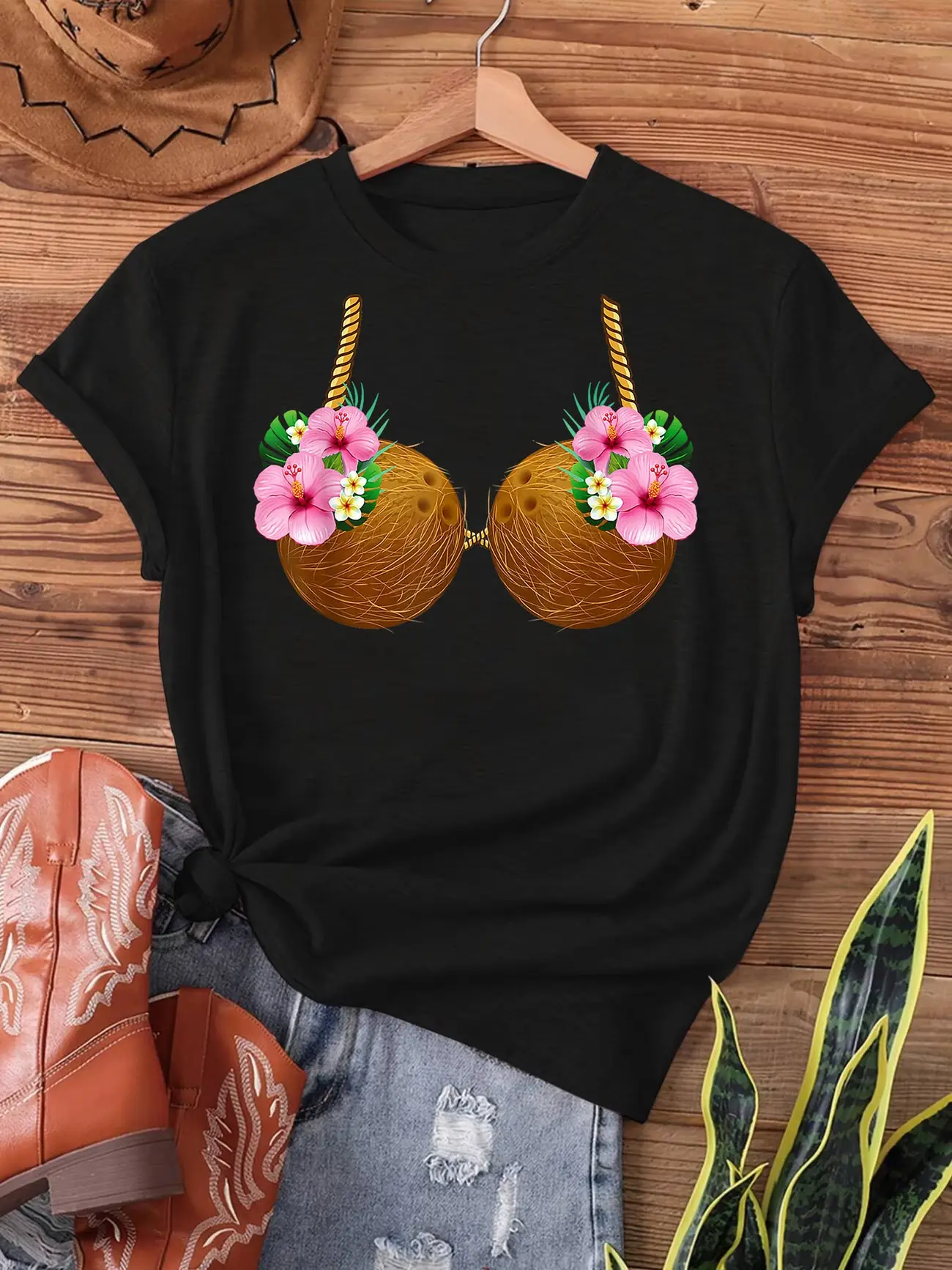 Coconut Bra Hawaiian Tropical Costume Luau Party Hawaii Print T-shirt - Short Sleeve Crew Neck Casual Top for Summer & Spring - Women's Clothing