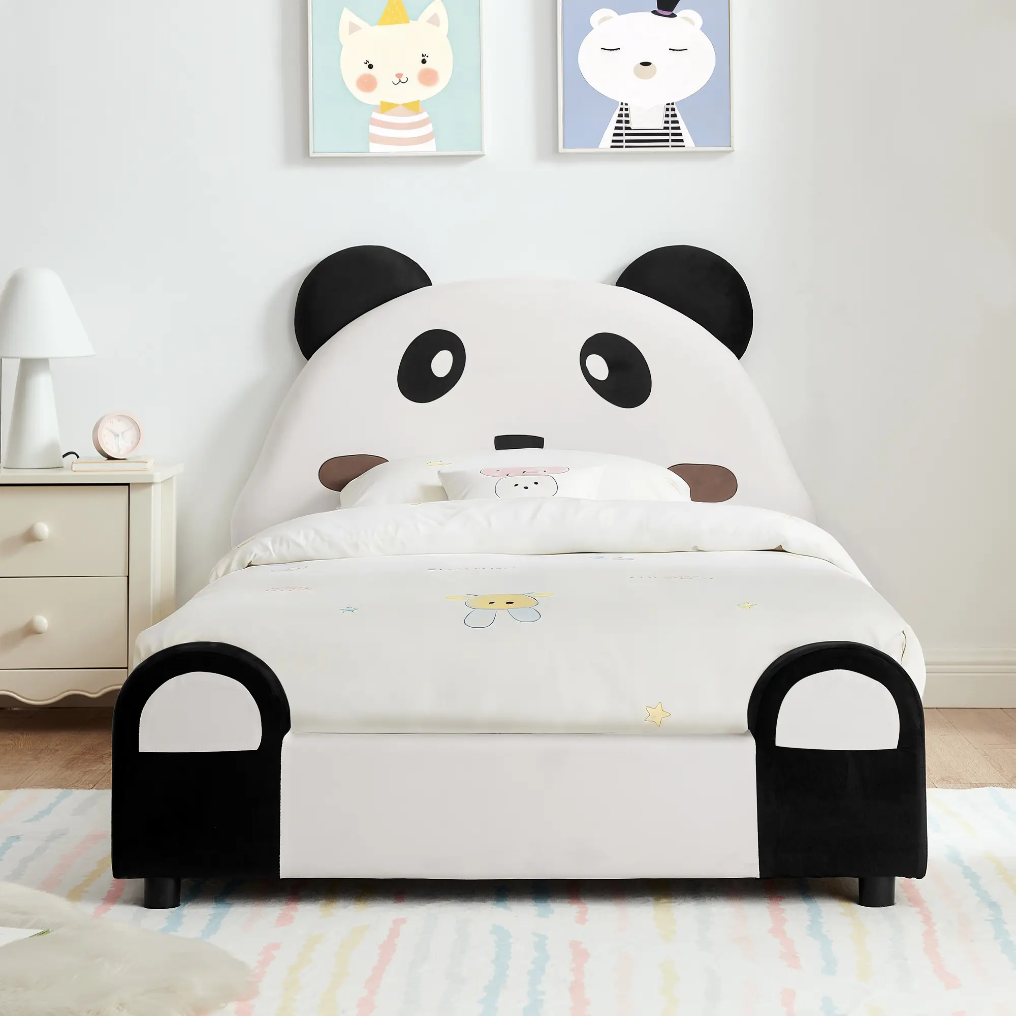 Twin Size Panda-Shaped Kids Bed Frame with Safety Padded Edges, Solid Wood Slats, Velvet Upholstery, Cute Toddler Floor Bed for Bedroom, White+Black, No Box Spring Needed, Soft Foam-Filled Bumpers, Sturdy Non-Slip Legs, Cozy Children's Furniture