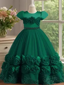 Girl's Floral Appliques Faux Pearls Decor Bow Decor Tulle Dress, Elegant Short Sleeve Round Neck A Line Dress for Party Evening, Kids Clothes for All Seasons