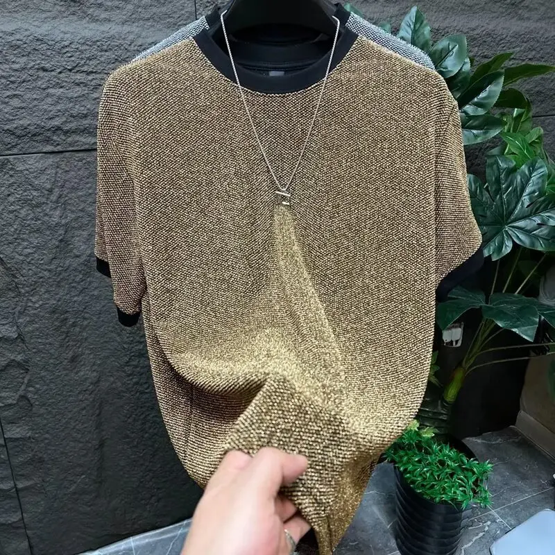 Summer Mens Shiny Glitter Short Sleeve Tee, Loose Fit CrewNeck Casual Pullover Top, Trendy Daily Streetwear T-shirt forAdult