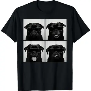 Funny Black Pug Lover Cute Dog Pug Photo Booth Casual Short Sleeve Cotton T-Shirt