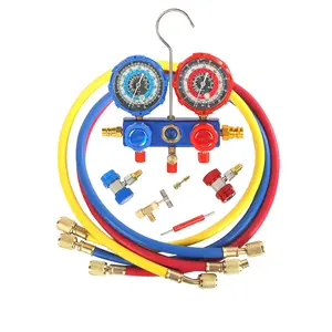 3 Way AC Manifold Gauge Set for R134A, R410A, R22, R404A Refrigerants, with Quick Couplers, 410 Adapter, Puncturing Can Tap, Valve Core Tool.  for Air Conditioning Maintenance
