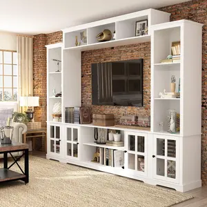 FUFU&GAGA 4-Piece Wall Unit TV Stand with Bookshelves for TVs up to 65", TV Console Table Media Entertainment Center ,Glass Doors & Open Shelves,White