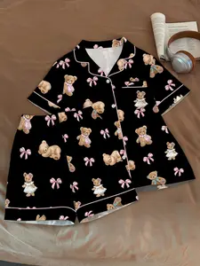 Women's Sleepwear 2-Piece Set, Casual Comfort Short Sleeve Top & Shorts, Cute Bow Bear Print, Summer Home Wear, Fitted Style, Pajama Set