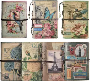 【OMEYA】Vintage Leather Journal Refillable Notebook for Women Travel Diary Sketchbook Planner with Unlined Pages Zipper Pocket Bible Study Supplies Girly Office Desk Accessories for Students Gifts (Flowers, Bird, Dandelion, Maps, Stamps, France, Rose)