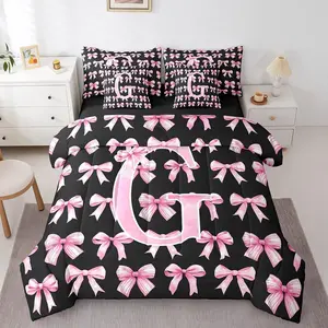 Feelyou Ultra-Soft Microfiber Luxe Initial Letter G 7-Piece Decorative Bedding Set, Coquette Pink & Black Bow Bed-in-a-Bag, Machine Washable Multi-Size Set, Birthday Gift for Preppy Style Enthusiasts