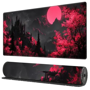 BHJLAXR Red Moon Pattern Mouse Pad, Large Gaming Mouse Mat with Non-slip Base, Extended Anime Mouse Pad, Full Keyboard Mat with Stitched Edges for Gaming and Office, Desktop Accessory