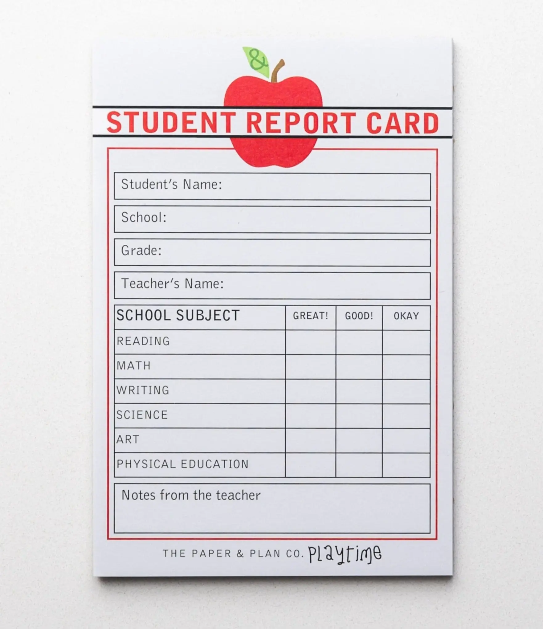 The Paper & Pen Co. Playtime Pad - Student Report Card 4" x 6" 50 Sheets Made in USA Fun Play Teacher Notepad