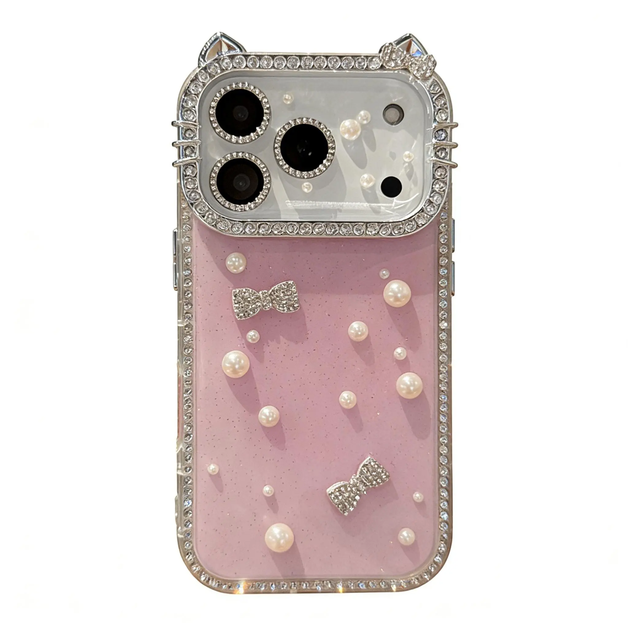 DIY Glitter Clear Phone Case with Pearl & Rhinestone Bow Charms, Bling Cat Ear Diamond Frame Customizable Protective Cover for IP 17 Pro max, 16plus, 15, 14, 13 junk Crystal Makeup Rustic Silicone Shockproof designer
