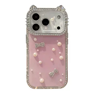 DIY Glitter Clear Phone Case with Pearl & Rhinestone Bow Charms, Bling Cat Ear Diamond Frame Customizable Protective Cover for IP 17 Pro max, 16plus, 15, 14, 13 junk