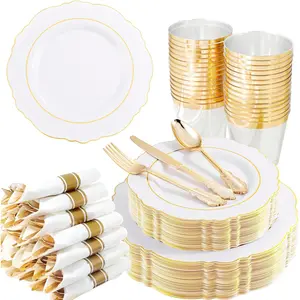 350 count  Plastic Plates-Disposable White and  Plates 50guest Baroque Plastic Dinnerware include 100Plates, 50Pack Pre Rolled Napkins with Silverware 50Cups for Wedding&Mother's Day