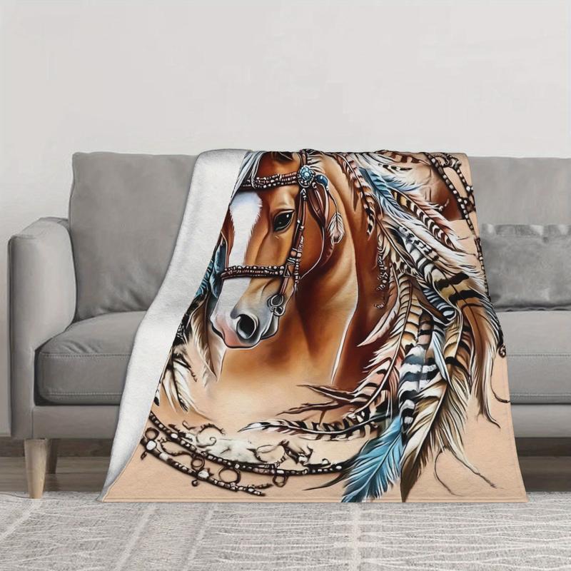 1pc Indian Style Horse Painting Throw Blanket - Soft Flannel, Warm & Durable, Machine Washable, Black with Vibrant Horse & Feather Design, Perfect for Camping, Picnics, Beach, and Outdoor Activities, 100% Polyester, All-Season Use, Outdoor Comfort |