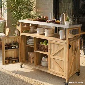 ARCH K&K Outdoor Kitchen Island, Rolling Bar Cart & Storage Cabinet, Farmhouse Solid Wood Outdoor Grill Table with Stainless Steel Top, Spice Rack , Towel Rack for Kitchen & BBQ , Natural