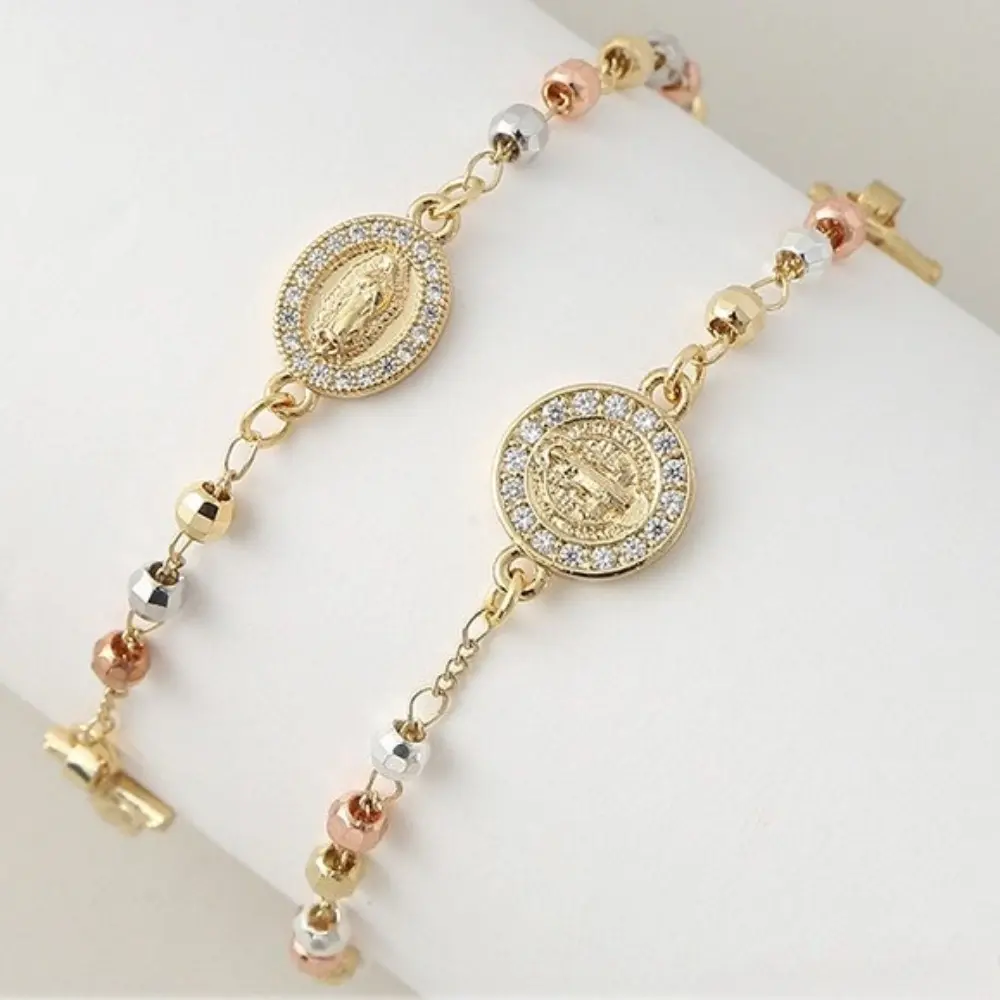 Christianartworkshop Acrylic Icon Bracelet, cross micro-inlaid beads necklace does not fade diamonds women's color-preserving copper color bracelet light luxury Christmas gift