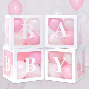 Baby Boxes for Baby Shower Decoration with 8 Letters and 36 Balloons 4pcs Clear Balloon Boxes BABY Blocks for Girls Birthday Party Decorations(Pink) Set