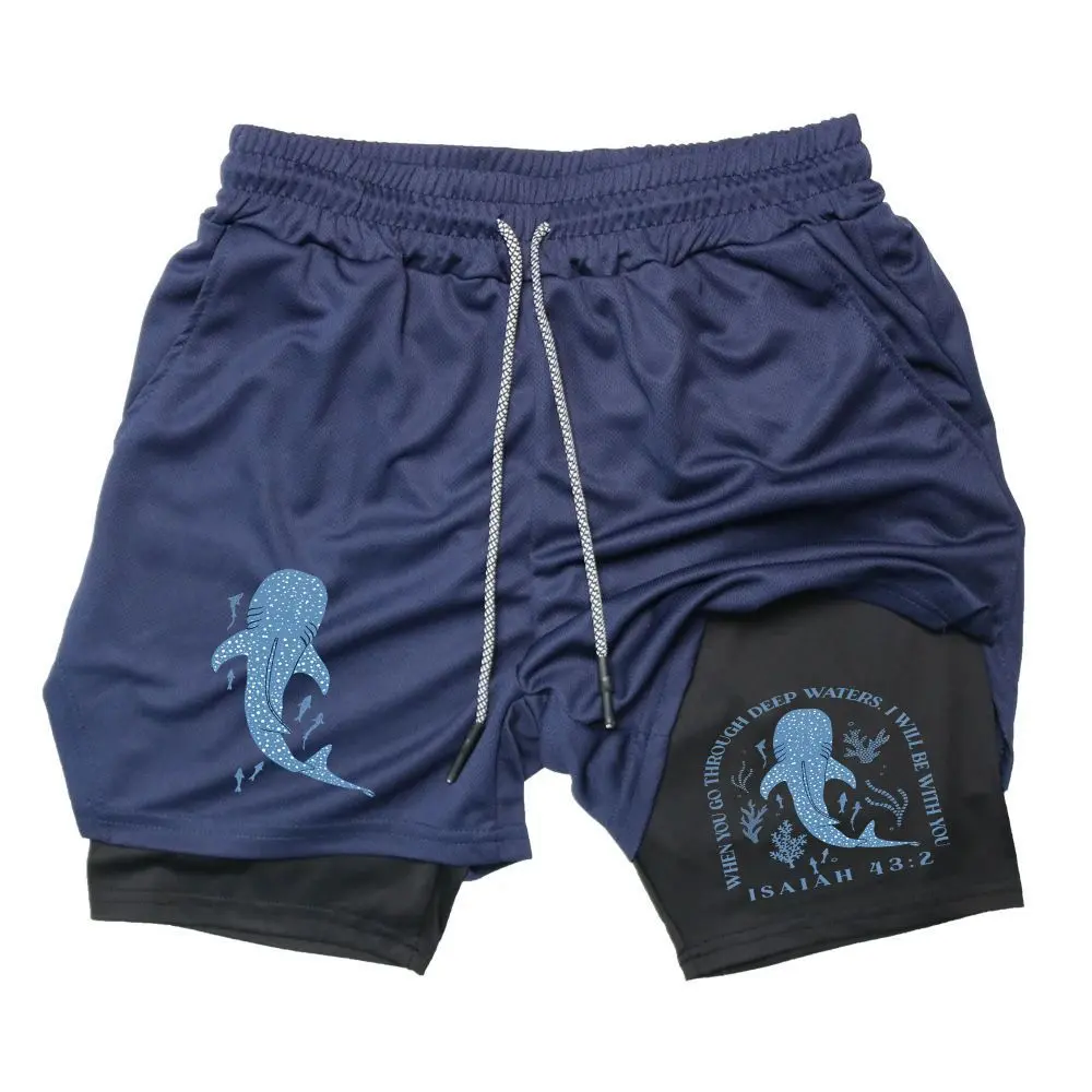 Romantic ocean style whale shark pattern Men's Print 2 in 1 Drawstring Waist Shorts, Regular Fit Casual Pocket Track Shorts for Summer, Fashion Men's Bottoms for Daily Wear