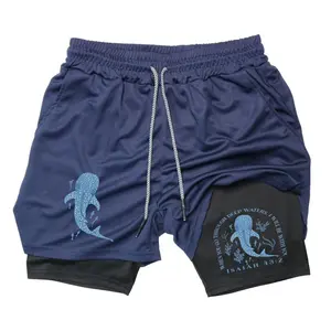 Romantic ocean style whale shark pattern Men's Print 2 in 1 Drawstring Waist Shorts, Regular Fit Casual Pocket Track Shorts for Summer, Fashion Men's Bottoms for Daily Wear