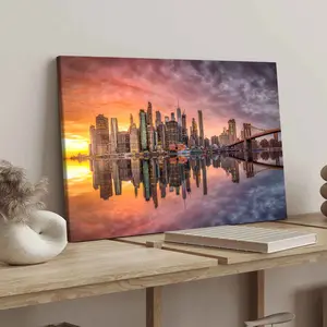Wooden Frame Canvas Print Brooklyn Bridge Manhattan Skyline Reflections Modern Art Poster Wall Decor Home Decoration Gift Idea