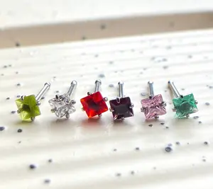 1pc Surgical Steel Nose Stud Ring w/ Square Prong Set Gem 20g - choose color