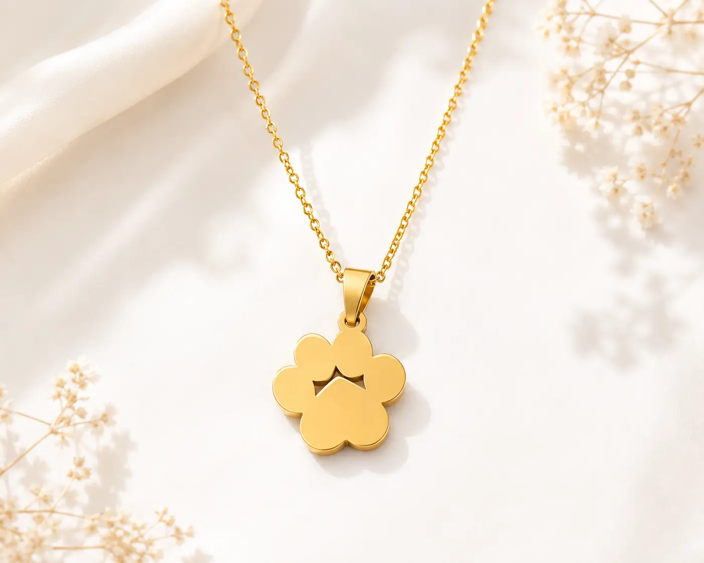 Gold Tone Stainless Steel Paw Print Pendant Necklace