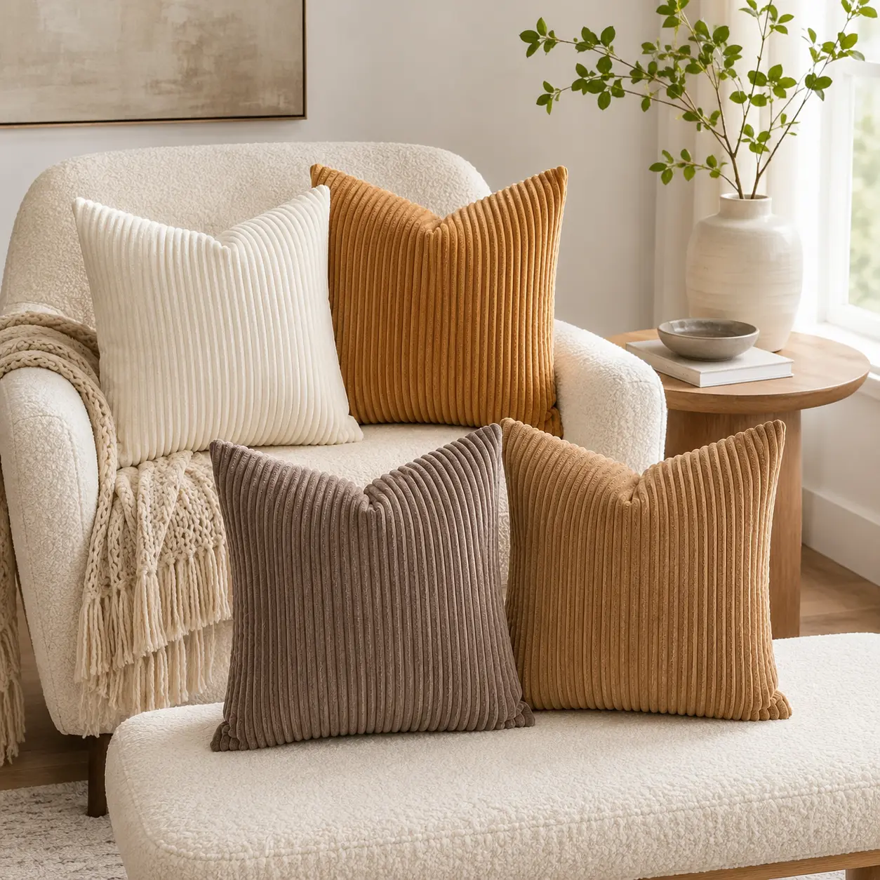 2-Pack 18x18 in Corduroy Pillow Covers, Soft Ribbed Textured Throw Cushion Cases with Hidden Zipper for Couch, Sofa Home Decor