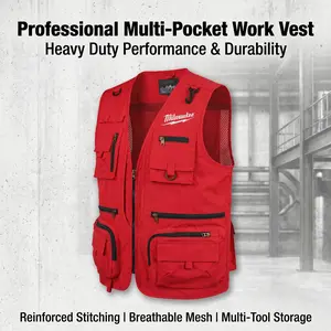 Milwaukee Professional Multi-Pocket Work Vest Breathable Mesh Utility Vest for Construction Repair Maintenance and Electrical Work With Reinforced Stitching and Zipper Storage Pockets