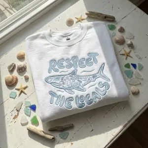 Respect The Locals Embroidered Sweatshirt, Ocean Lover Coastal Crewneck, Shark Graphic Beach Aesthetic Sweater, Nautical Sea Life Pullover, Soft Cozy Cotton Fleece, Summer Beach Outfit, Gift for Ocean Lovers, Coastal Streetwear TikTok Trend