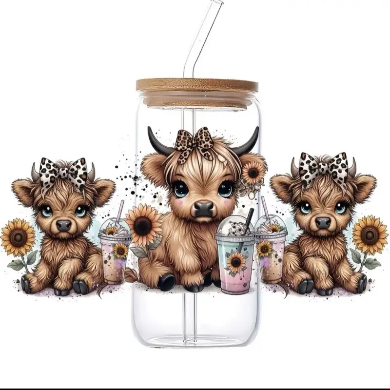 #1003 Highland Cow UVDTF Adhesive Vinyl Decal Wrap for Cups, Featuring Adorable Cow Design and Sunflower Motif